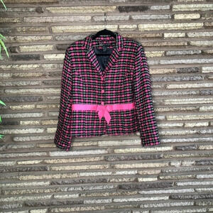 Silkland Vintage Pink Black Plaid Silk Blend Blazer with Bow Size Large